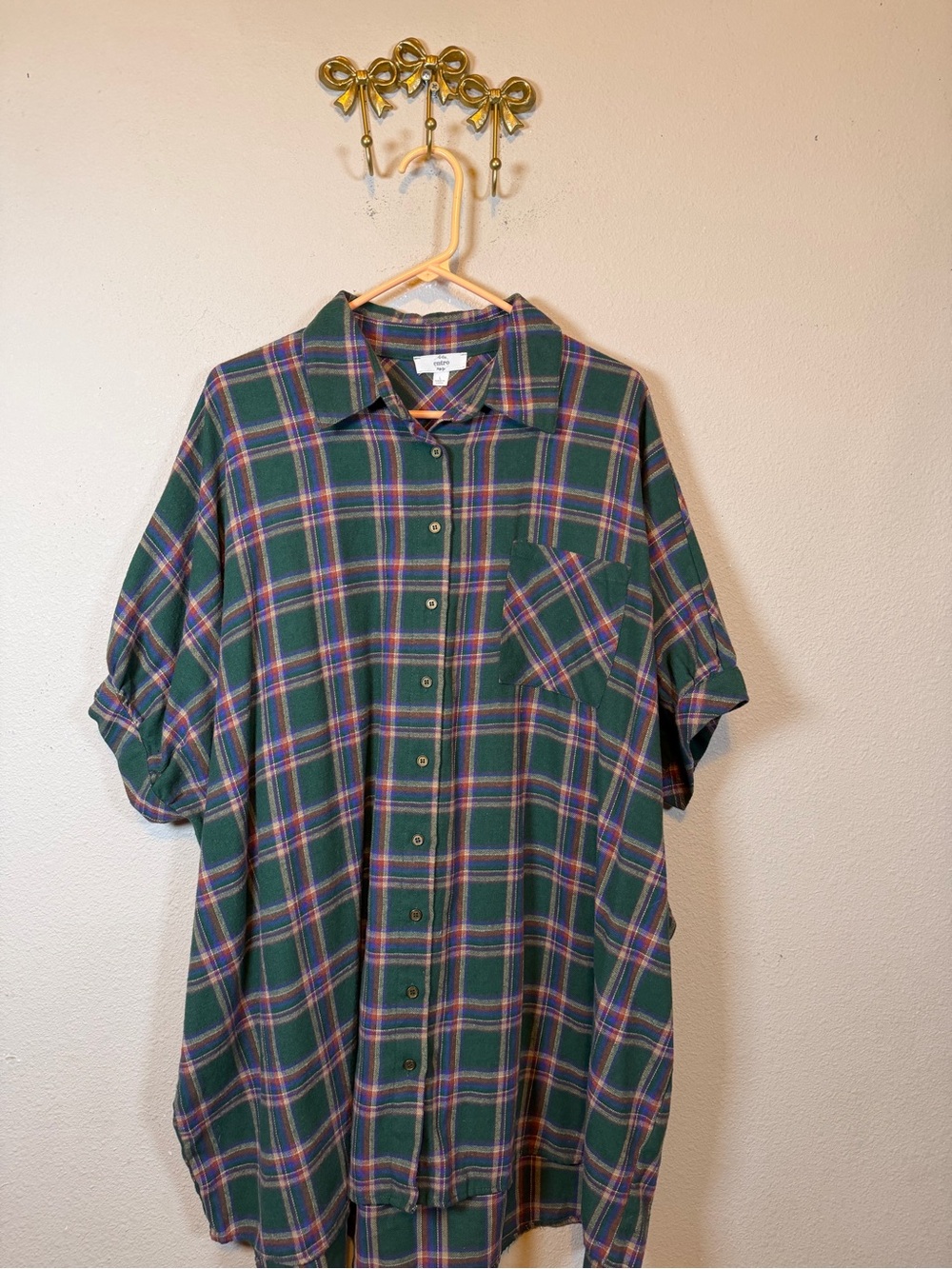Entro Oversized Green Plaid Collared Button-Up Short Sleeve Shirt Dress. Size L